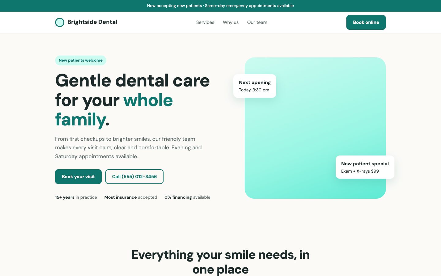 Brightside Dental home page with a booking button